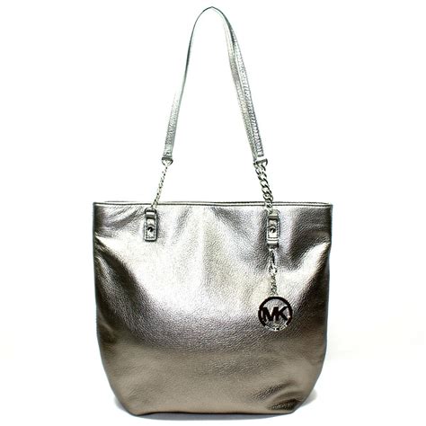 michael kors metallic purse id chain tote gunmetal|Michael Kors silver wallet.